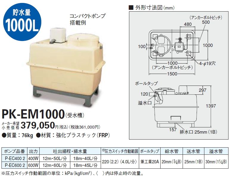 1000L受水槽一体形加圧給水ポンプ THP6-405S-