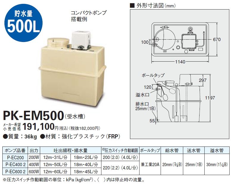 KPS PK-EM500 500L受水槽（FRP） ポンプ別途 - でんか村 Web Shop